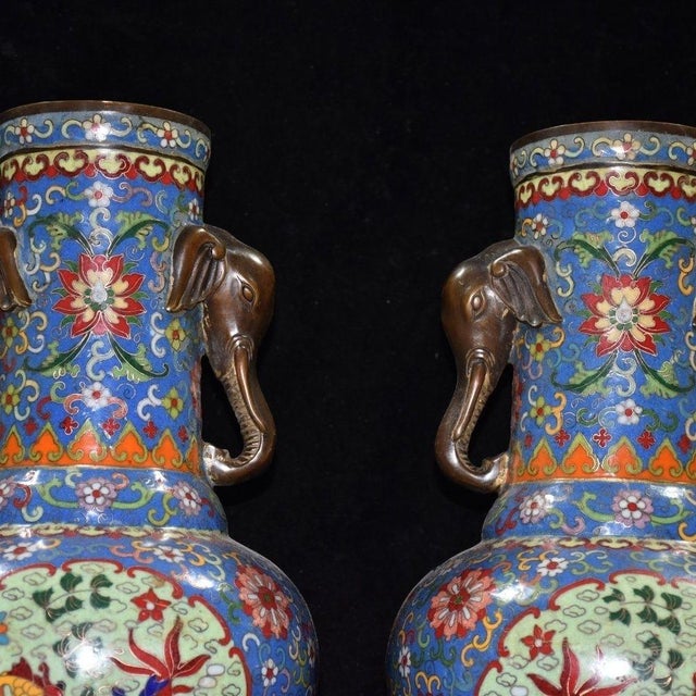 Monumental Pair of Cloisonné Enamel & Bronze Elephant-Handle Vases With Goldfish Motifs For Sale - Image 4 of 9