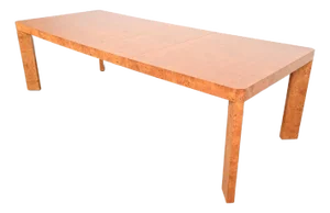 Milo Baughman Style Mid-Century Modern Burl Wood Parsons Extension Dining Table, Newly Refinished
