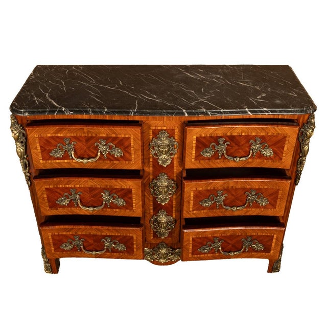 Wood Antique French Louis XV Ormolu Inlaid Kingwood Marble Commode Chest For Sale - Image 7 of 16