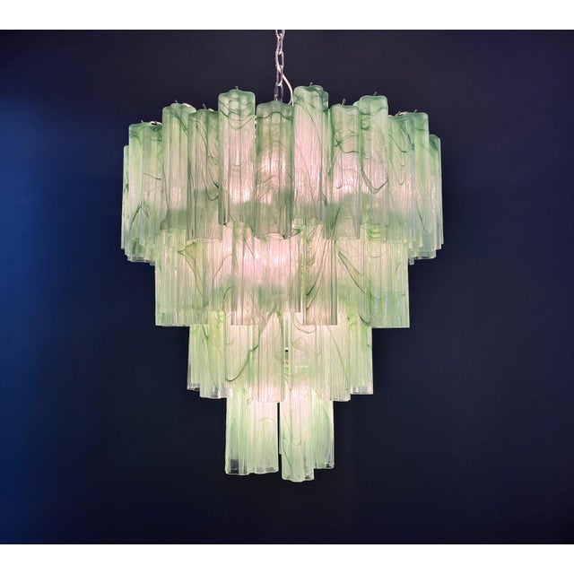 Mid-Century Modern Monumental Murano Glass Chandelier, 80 Green Alabaster Tubes, 4-Tier Italian Luxury Lighting For Sale - Image 3 of 5