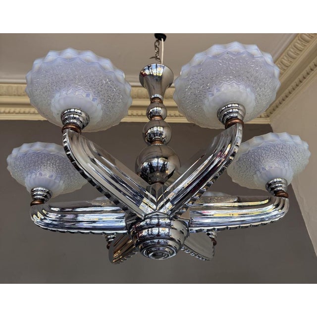 Art Deco Opalescent Glass and Nickel-Plated Bronze Chandelier by Jean Gauthier for Petitot & Ezan, France, 1935 For Sale - Image 9 of 18