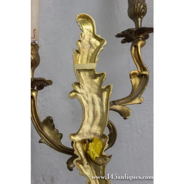 Bronze Pair of French Louis XV Style Gilt Bronze Two-Arm Wall Sconces, 1920s For Sale - Image 8 of 10