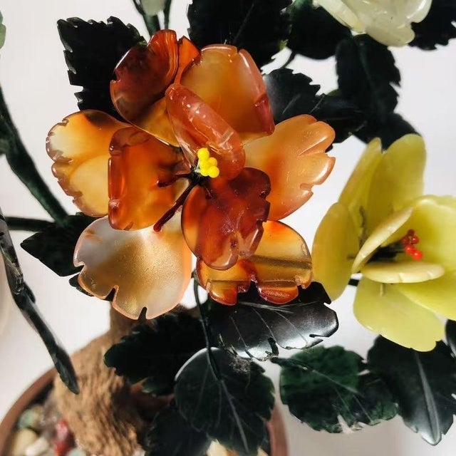 Pair of Vintage Gemstone & Cloisonné Enamel Bonsai Trees – Jade, Agate & Crystal Flowers For Sale In Los Angeles - Image 6 of 9
