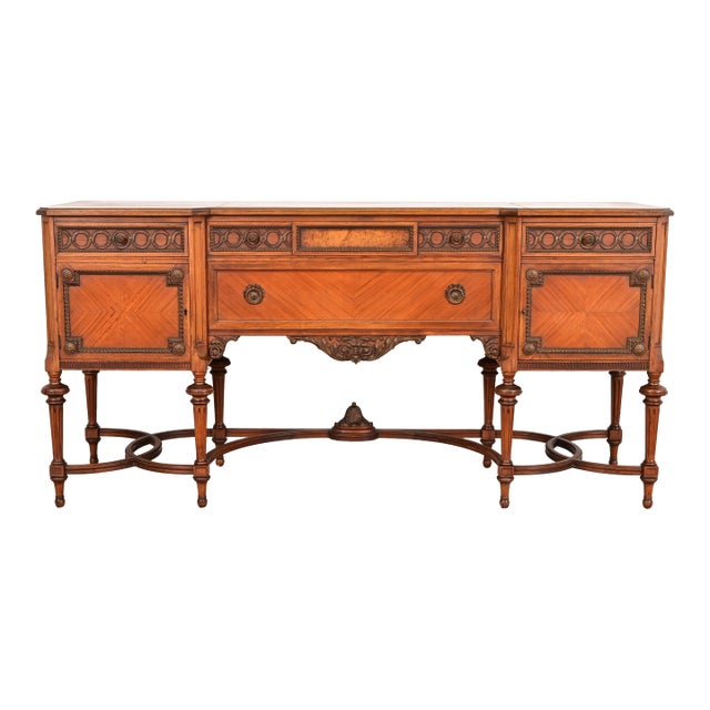 French Regency Louis XVI Carved Walnut and Burl Wood Sideboard by Johnson-Handley-Johnson Furniture, Circa 1920s For Sale