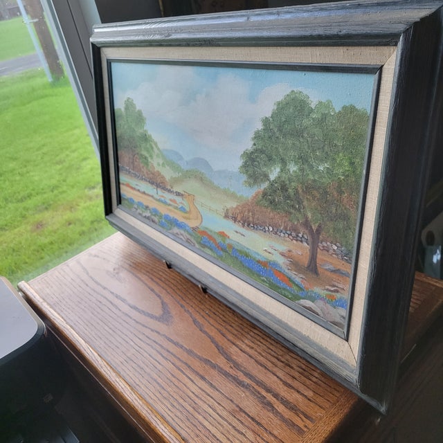 1980s Tx Bluebonnets Landscape Oil Painting Signed 29x17" Frame Linen Matt 24 X 12 Art For Sale - Image 16 of 16