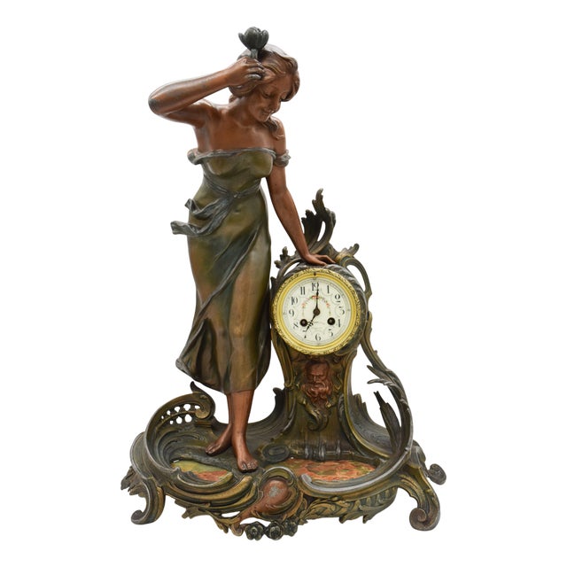 Large Nymph Clock in Regula and Bronze Patina Marble by A. De Raudery, France, 1890s For Sale