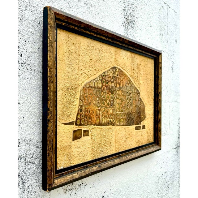 Vintage Boho Textured Armadillo Mixed Media Painting in Frame For Sale - Image 4 of 5