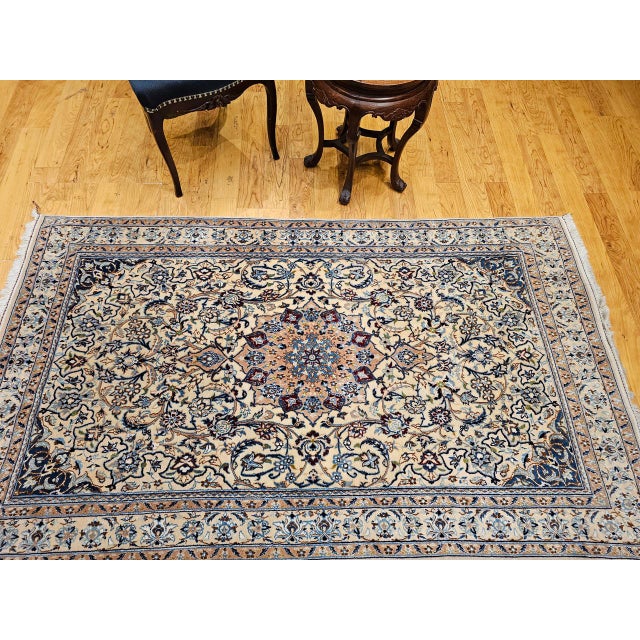 Vintage Persian Nain Area Rug, Hand-Knotted Wool & Silk, Floral Pattern, 4x7, Ivory & Blue For Sale In Chicago - Image 6 of 17