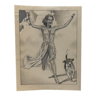 1940s Original Signed Graphite Illustration of Woman Running With Dog, 11 X 8.5 In. For Sale
