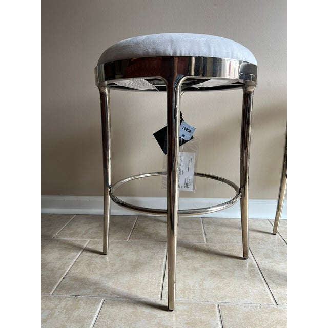 Baker Furniture Minimalist Counter Stool, Polished Nickel Base, Swivel Seat in White Suede - Pair For Sale - Image 16 of 18