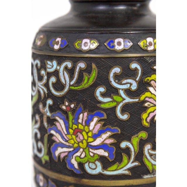 Black Tall Black Champleve Enamel Bronze Lamp With Polychrome Flower Design For Sale - Image 8 of 11