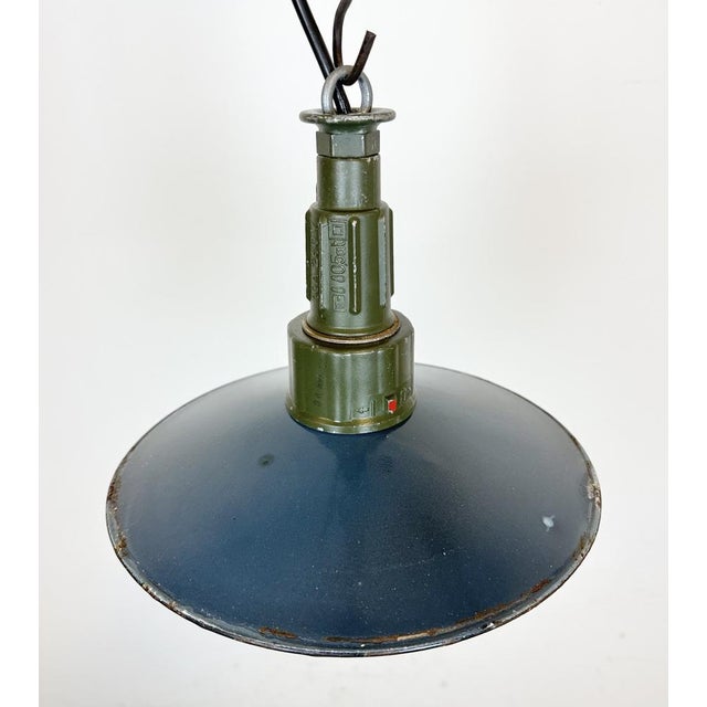 1960s Industrial Blue Enamel Military Pendant Lamp with Cast Aluminium Top, 1960s For Sale - Image 5 of 16
