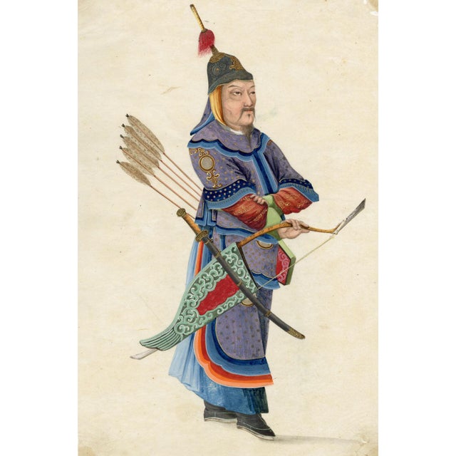 Paper Canton School Artist, Archer Soldier, 18th Century, Gouache on Paper For Sale - Image 7 of 7