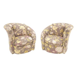 Pair Mid Century Modern Nautilus Lounge Fire Side Chairs Abstract Print Pattern For Sale