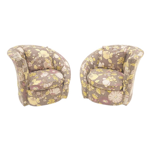 Pair Mid Century Modern Nautilus Lounge Fire Side Chairs Abstract Print Pattern For Sale