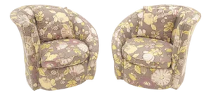 Pair Mid Century Modern Nautilus Lounge Fire Side Chairs Abstract Print Pattern