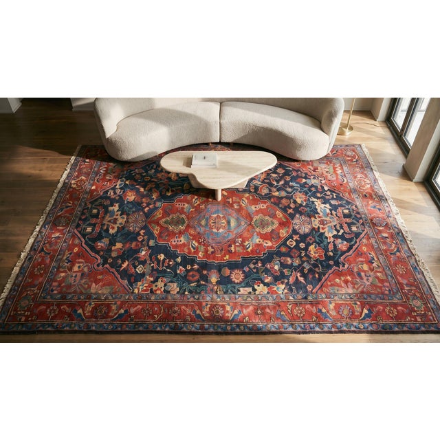 1930s Blue Navy Floral-Medallion Antique Persian Bakhtiari Rug Hand Knotted 7'0" X 11'6 Wool Carpet For Sale - Image 9 of 10