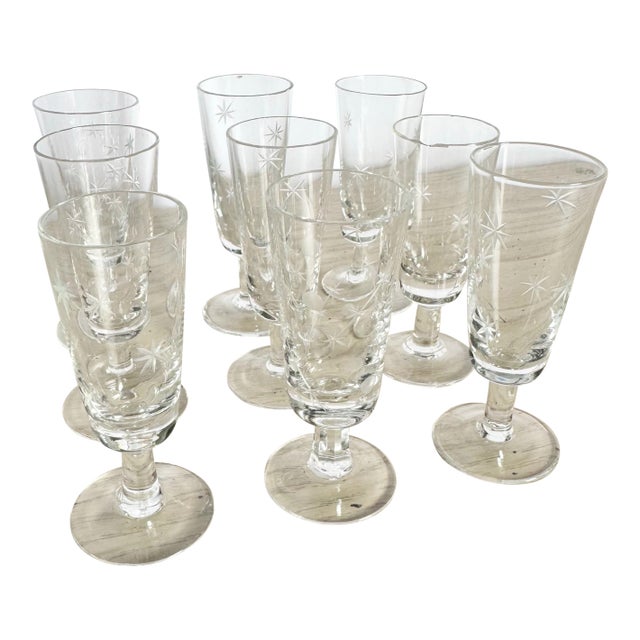Mid-Century Modern Starburst Glass Sherry/Shot Glasses - Set of 9 For Sale