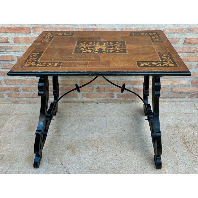 Spanish Baroque Side Table with Lyre Legs and Marquetry Top, 1850 For Sale - Image 15 of 15