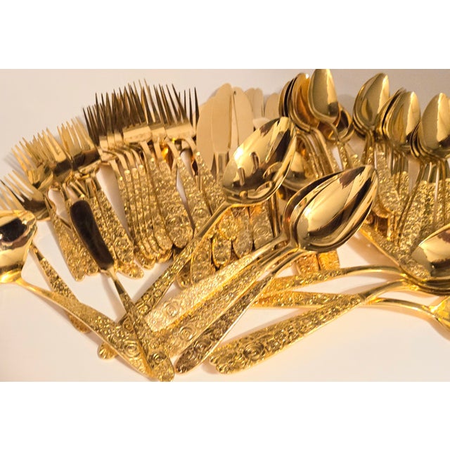 Mid-Century Hollywood Regency Gold Floral Flatware- Set of 72 For Sale - Image 15 of 18