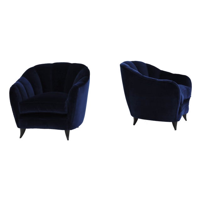 Mod. Shell Chairs in Deep Blue Velvet by Gio Ponti for Case E Giardini, Italy, 1950, Set of 2 For Sale