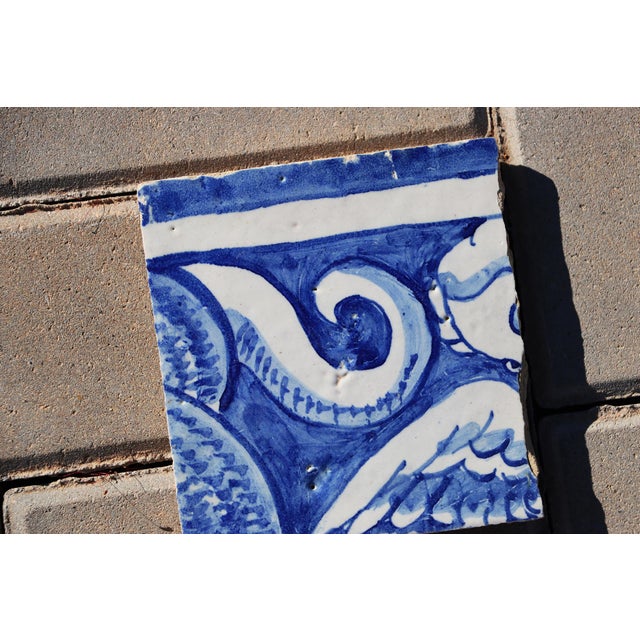 18th Century Portuguese Tile Angel Wing Fragment Blue & White Antique Hand Painted For Sale - Image 4 of 8