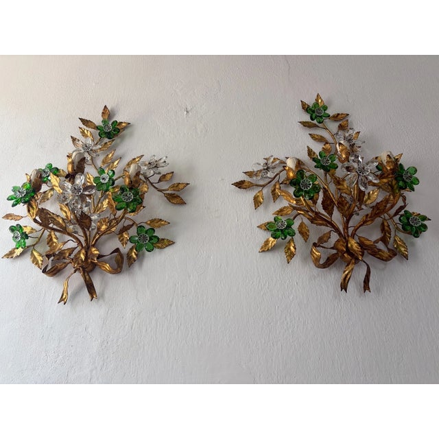 Maison Baguès Style 3 Lights Green Crystal Flowers Tole Bow Sconces, Circa 1940 For Sale - Image 6 of 13