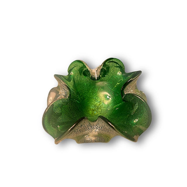 Mid-Century Modern Murano Attributed Valter Rossi Mid-Century Metallic Green-Gold Scalloped Glass Trinket Dish, 1960’s For Sale - Image 3 of 5