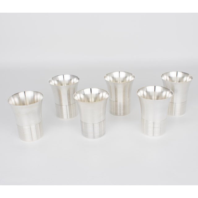 1940s Art Deco Silver Plate Cocktail Shaker and Six Barware Glasses - 7 pcs For Sale - Image 9 of 15