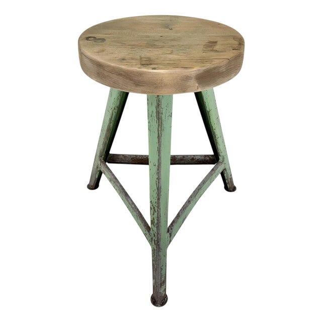 Vintage Industrial Steel & Wood Tripod Stool, 1950s For Sale
