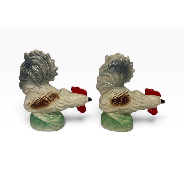 Mid-Century Modern Vintage Hand-Painted Lusterware Ceramic Rooster Figurines From Brazil - A Pair For Sale - Image 3 of 12