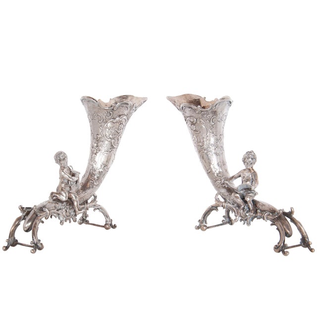 Rococo Pair of Antique German Repoussé 800 Silver Cornucopia Cherub Vases Hanau 1890 For Sale - Image 3 of 12