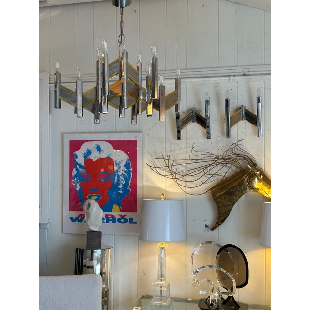 Chrome Midcentury Modern Brass & Chrome Italian Designer Sciolari Chandelier For Sale - Image 8 of 12