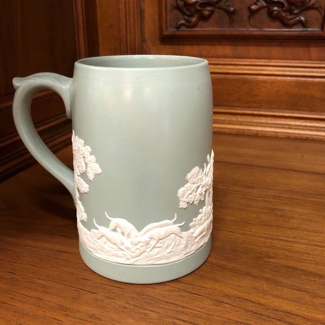 Figurative Vintage Pale Green Jasperware Hunt Scene Tankard Mug For Sale - Image 3 of 7