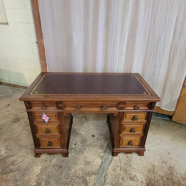 Wood Antique English Oak Leather Top Pedestal Desk With Acanthus Leaf Carvings For Sale - Image 7 of 11