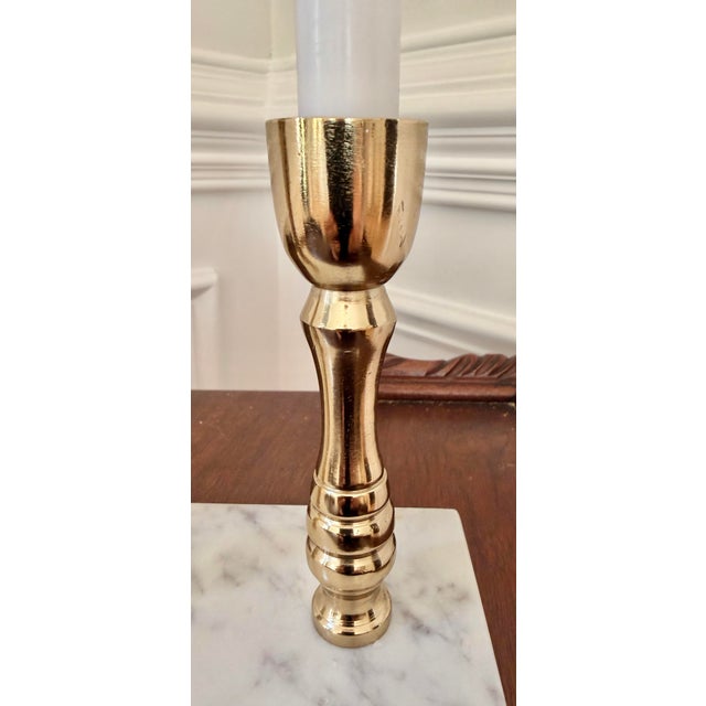 Mid-Century Modern Hollywood Regency Brass Three-Candle Candelabra on White Marble Base For Sale - Image 3 of 11