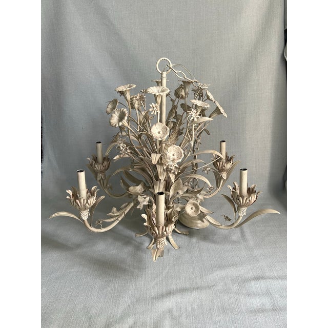 Antique Gustavian Style 6 Light White Tole Wild Flowers Chandelier For Sale - Image 10 of 12