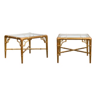 Pair of French Midcentury Gilt Faux Bamboo Drinks Tables with Glass Tops For Sale