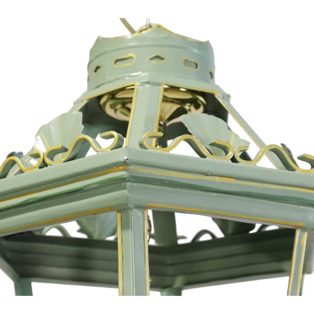 A Vintage “Visual Comfort” Style Iron Celadon Green Chandelier For Sale In New York - Image 6 of 11