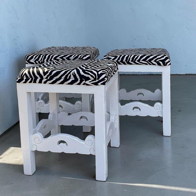 Vintage Portuguese Rustic Wood Stool White with Zebra Fabric Upholstery, 1940s For Sale - Image 12 of 18