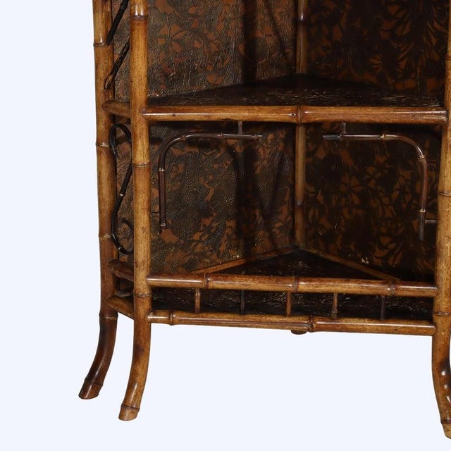 Antique Asian Bamboo Corner Etagere With Floral Leather Tooling & Mirror C1890 For Sale - Image 6 of 16