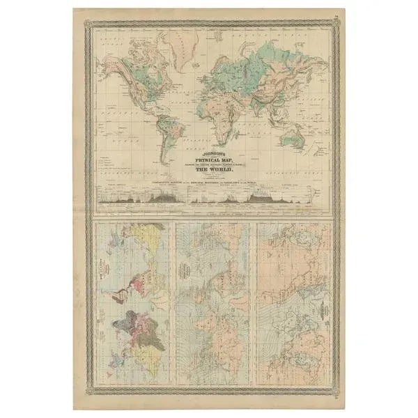 Four physical maps of the world on one sheet. The upper map shows lowlands, highlands and highest lands. The other maps...