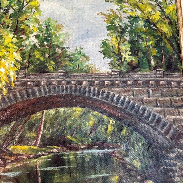 1960s Two 1960’s Original Impressionist Lake and Bridge Landscape Paintings - Set of Two For Sale - Image 5 of 9
