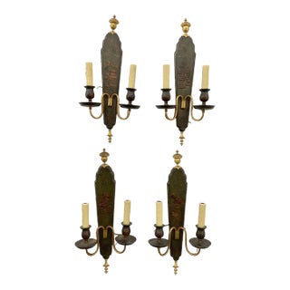 Set of Four English Chinoiserie Decorated Wall Sconces With Gilt Fittings For Sale