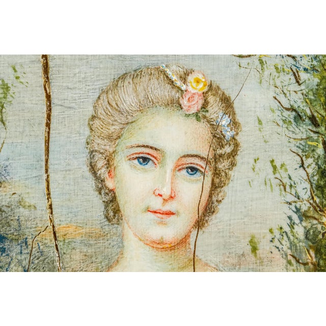 Early 19th Century Charming French Neoclassical Antique Portrait Miniature Painting Woman Blue Dress Luxury Home Decor For Sale - Image 4 of 16