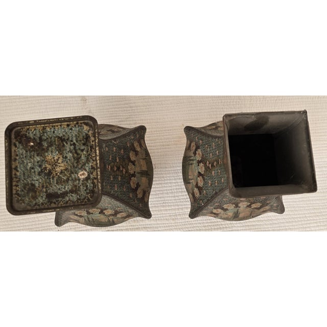 Late 19th Century Pair of Antique European Toleware Floral Vases With Architectural Views For Sale - Image 5 of 5