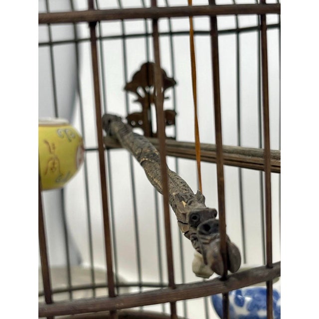 Chinese 19th C Chinese Bamboo Birdcage Fully Ornamented, Hand Carved Dragon Perch. For Sale - Image 3 of 11