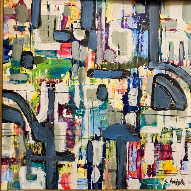 Contemporary Original abstract painting on wood by Stephen Heigh. Framed and signed. Measures 17.5x18 and 22x22 with frame.