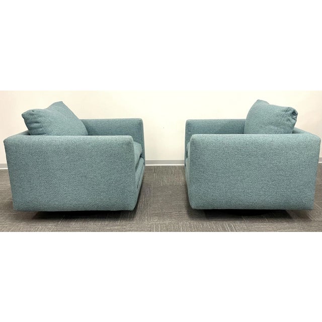 1970s Pair Teal Milo Baughman Style Mid Century Modern Lounge Chairs, Swivel, Square For Sale - Image 5 of 13