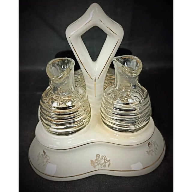 Early 20th Century Vintage Glass and Faience Condiment Set With Floral "China" Design- 5 Pieces For Sale - Image 5 of 12